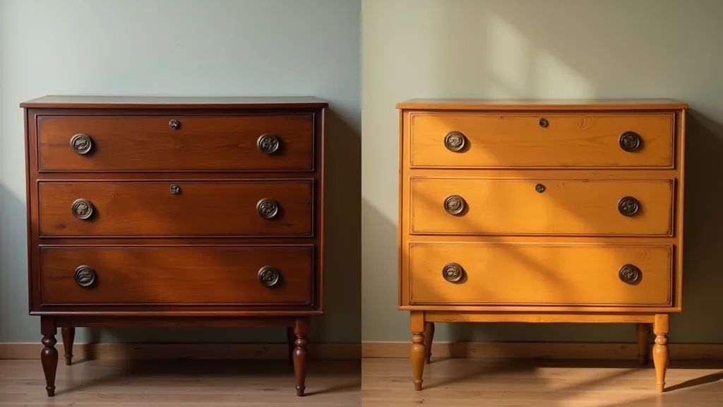 Soviet-era wooden dresser before and after restoration