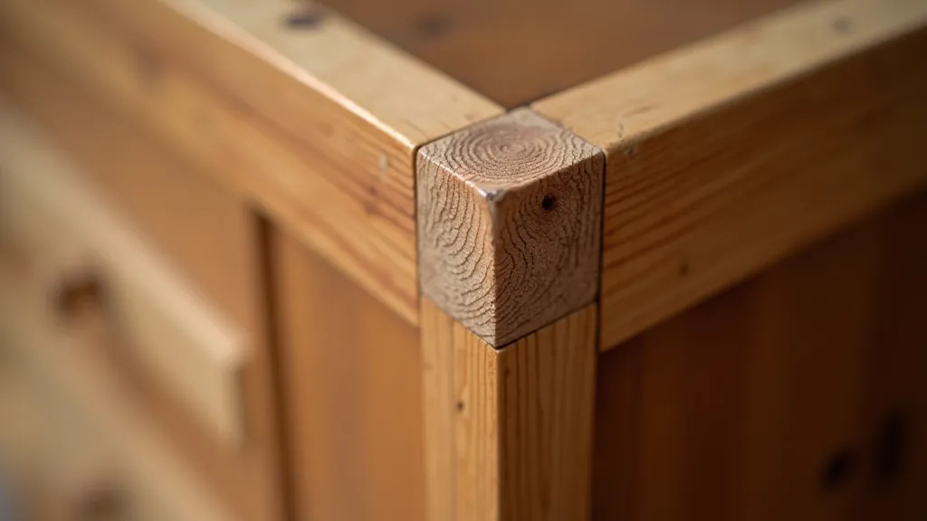 Close-up inspection of wooden furniture joint showing proper grain alignment and construction quality