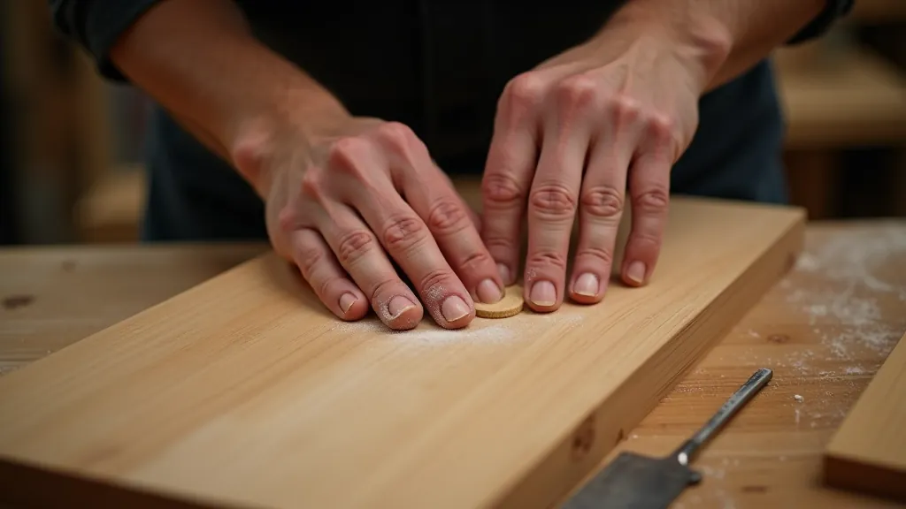 Close-up of proper hand position and pressure technique while sanding wooden surface with orbital sander