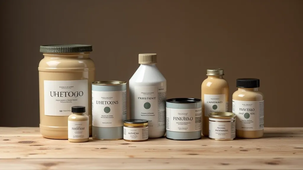 Various specialty wood finishing products and materials displayed on wooden surface