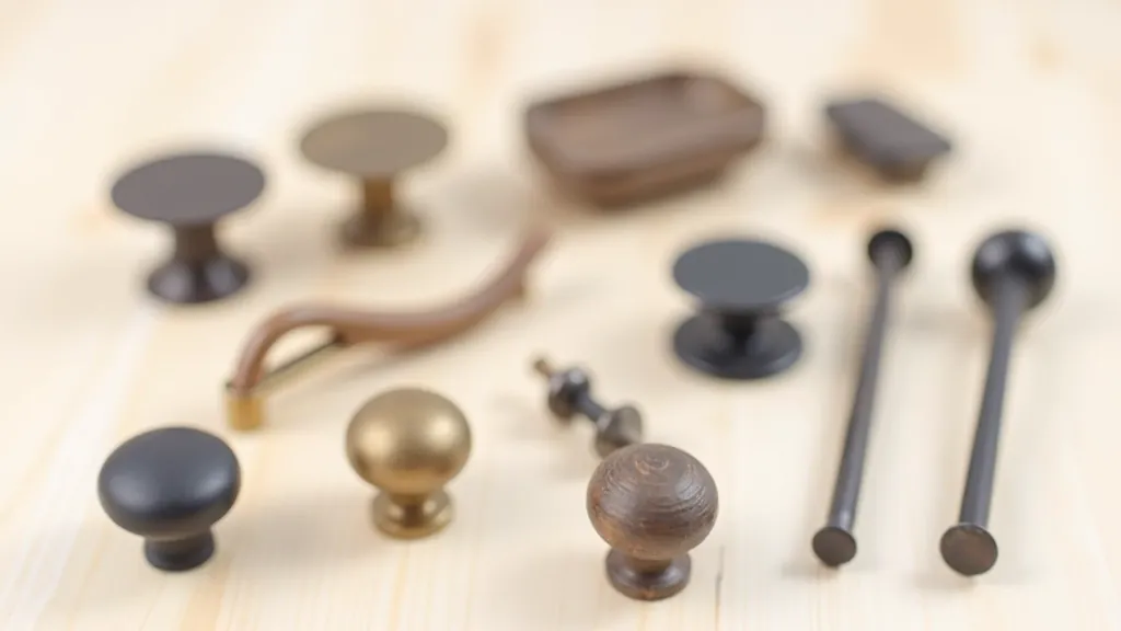 Collection of modern minimalist hardware knobs and drawer pulls arranged on a wooden surface showing various finishes