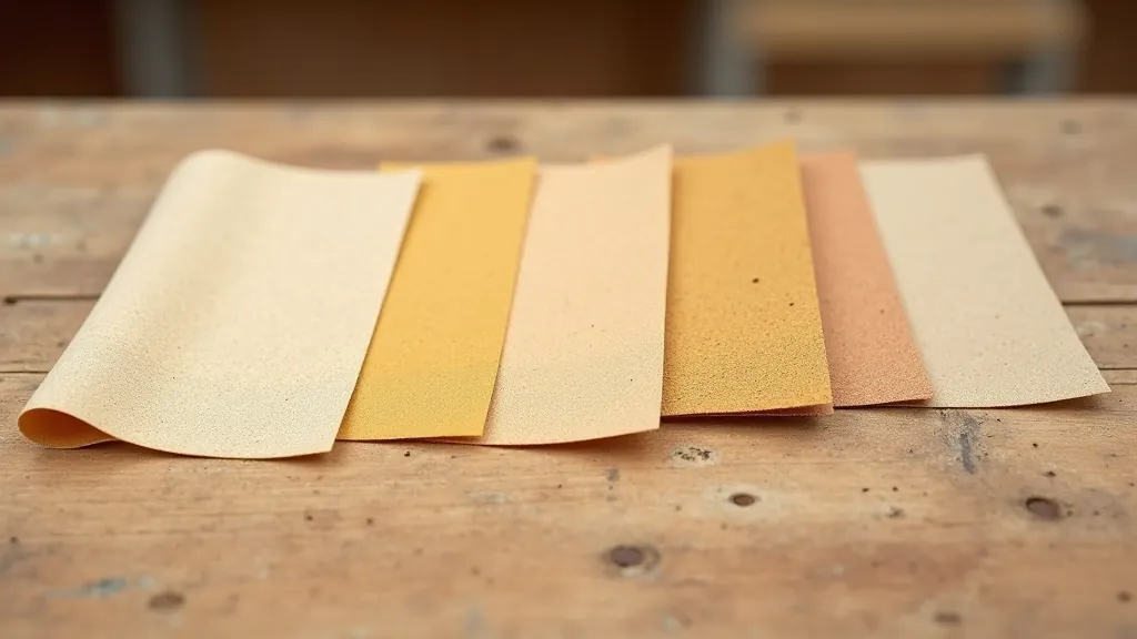 Progression of sandpaper grits displayed in order from coarse 60-grit to fine 220-grit on wooden surface