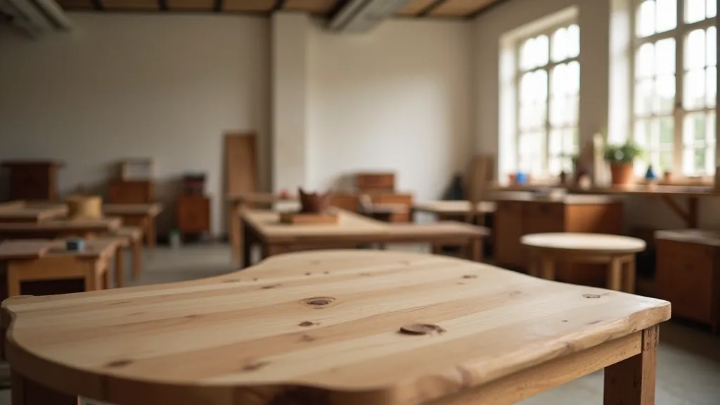 Wooden furniture restoration workshop with tools and materials