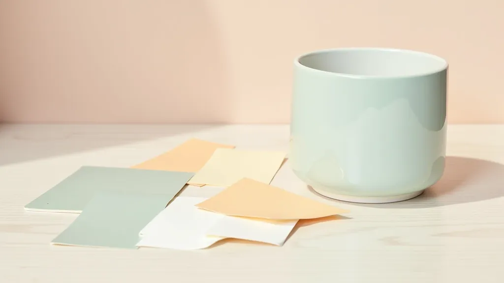 Palette of paint samples showing soft muted colors including sage green, warm gray, and cream displayed on wooden surface