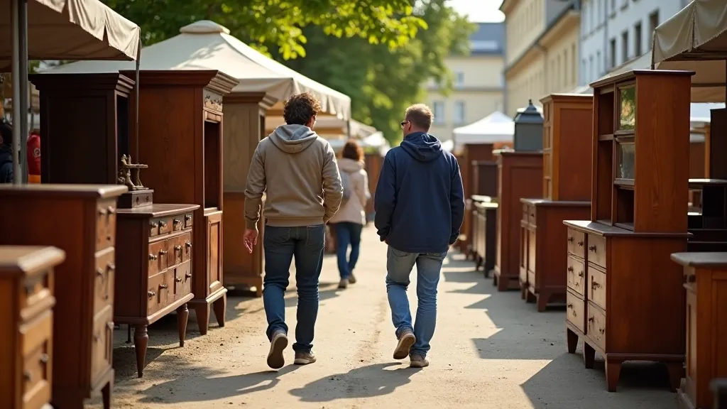 Outdoor market scene with vintage wooden furniture pieces displayed, shoppers browsing items