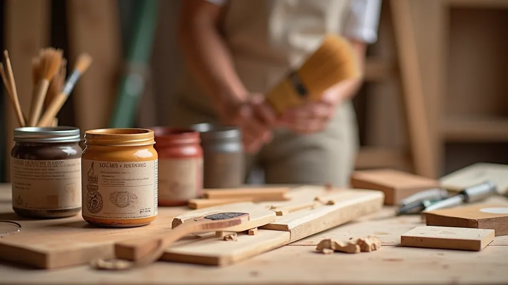 Wood stain application showing color samples on different wood types with brush and can